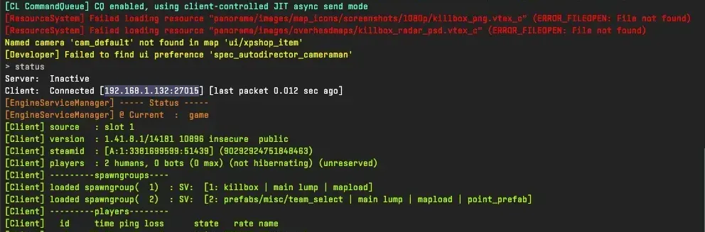CS2 Console panel with a highlighted IP Address of a CS2 map server.