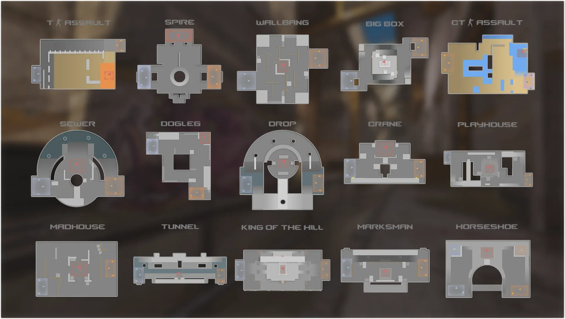 Grid of 15 CS2 Rush mode arena top-down maps, including Spire, Wallbang, Big Box, Sewer, Drop, Crane, Madhouse, and Horseshoe.