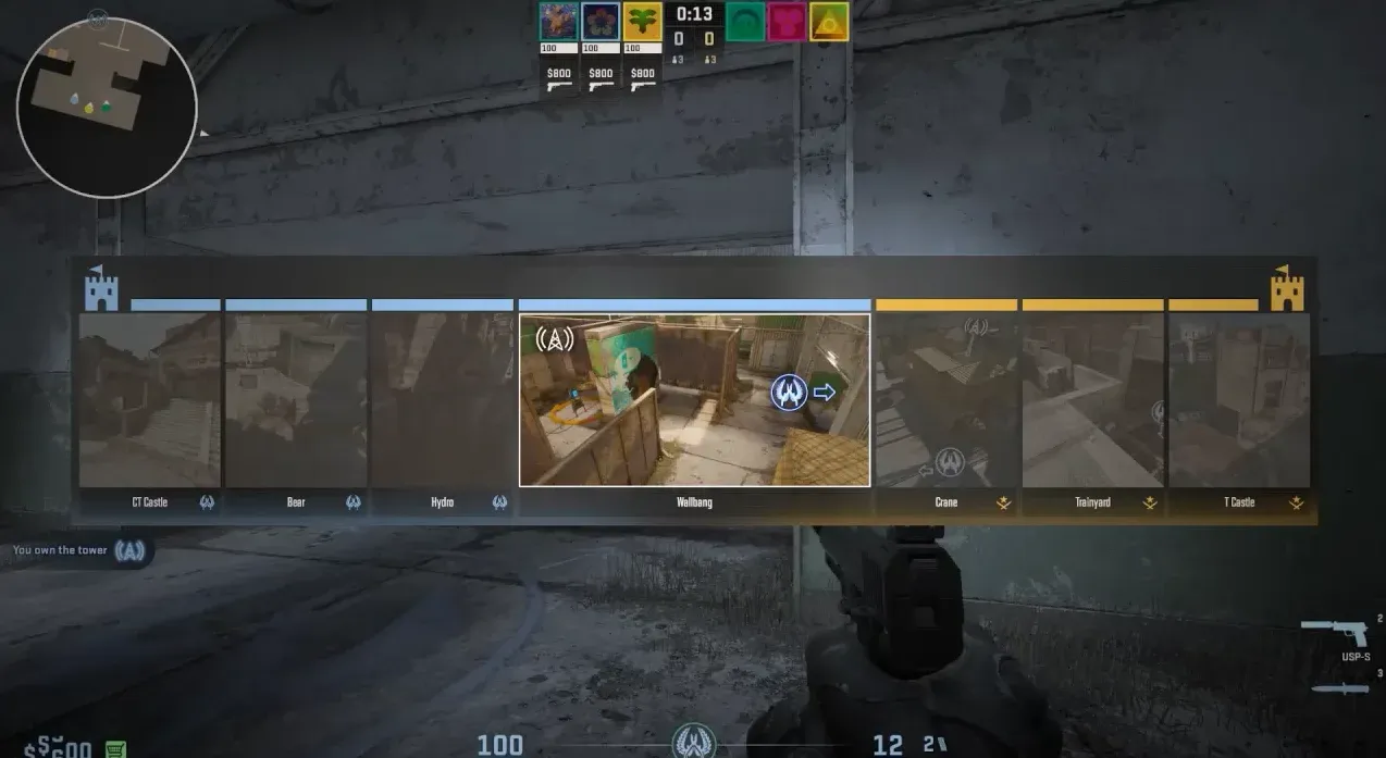 CS2 Rush mode HUD showing a round timer, team loadouts, and a tower-capture map selector with the Wallbang arena highlighted.