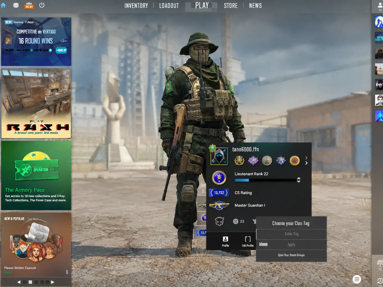 CS2 lobby showing a CT agent with the Player Profile and Clan Tag menu open