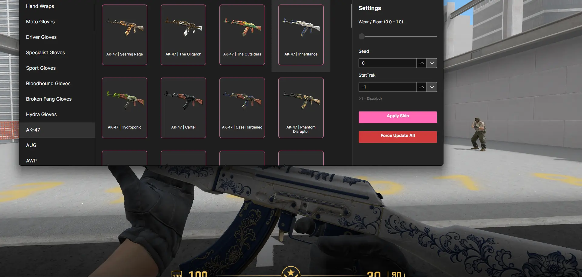 CS2 skin changer opened on a custom CS2 map showing AK-47 skins.