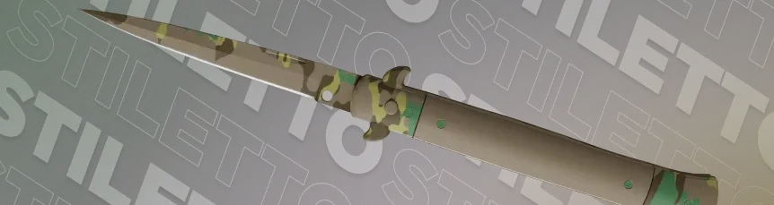 Stiletto Knife | Boreal Forest with a tan, green and yellow forest camo blade and matching handle with green accents.