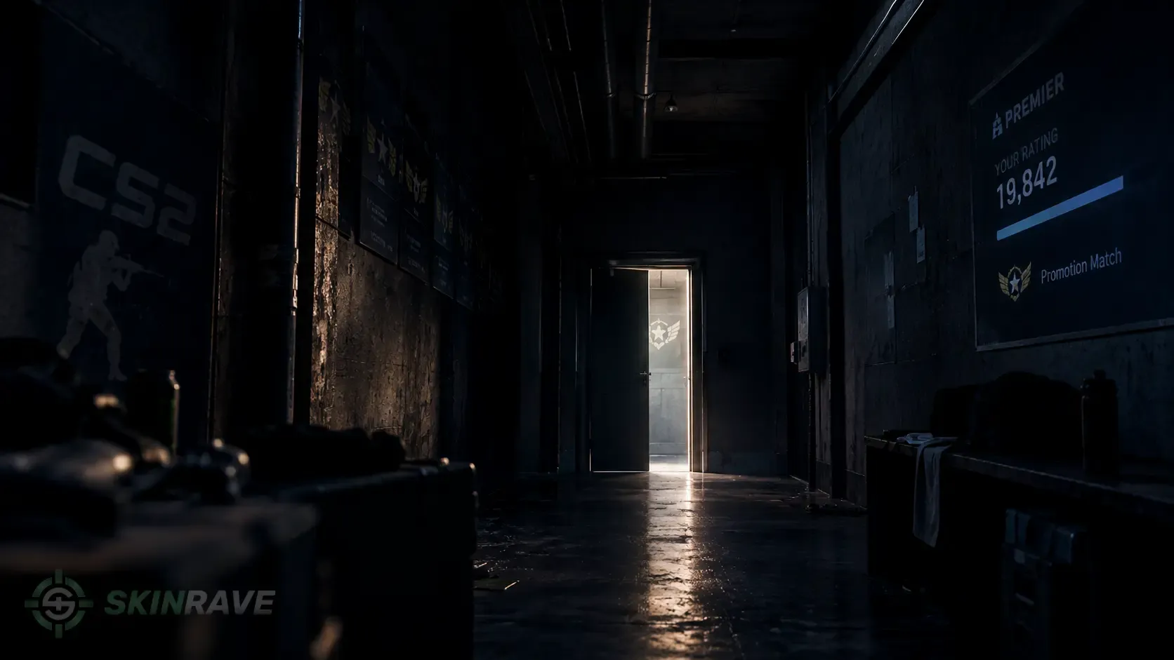 Dark CS2-themed corridor with a lit doorway at the end and a Premier rating panel reading 19,842 beside a promotion match badge.