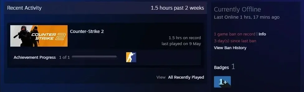 CS2 game VAC ban displayed on a Steam profile after using a CS2 skin changer.