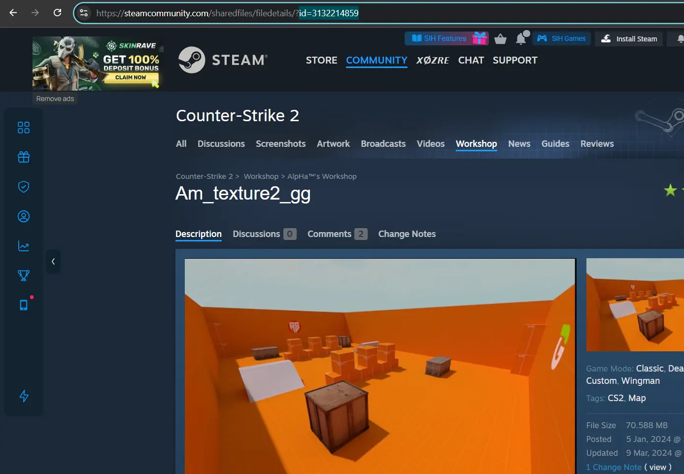 Steam Workshop CS2 map Am_texture2_gg and the highlighted workshop ID of the map in the URL.