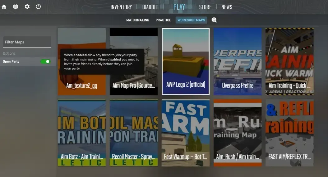 The CS2 Workshop Maps lobby display of downloaded community maps and the "Open Party" toggle.