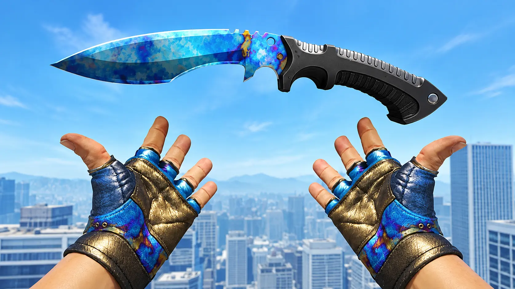 CS2 blue patterned knife displayed above gloved hands in a first-person game scene with a bright city background