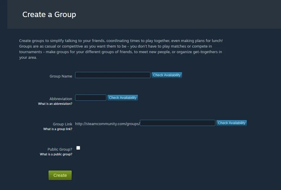 Steam Community Create a Group page with group name and abbreviation fields