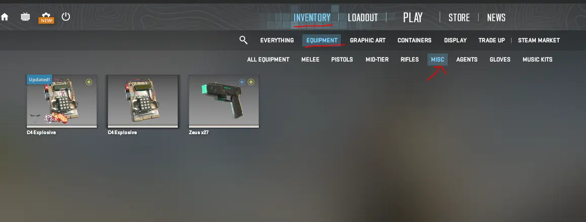 CS2 inventory showing the C4 Explosive under the Misc equipment category