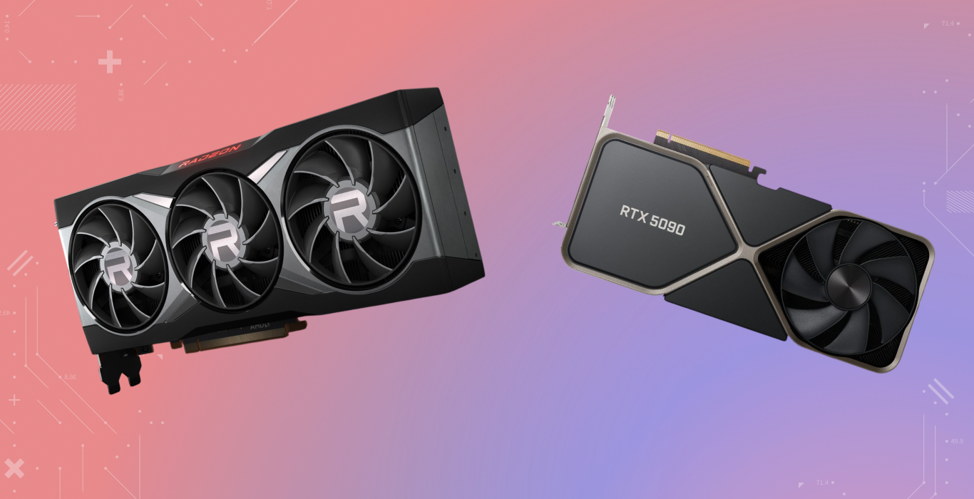AMD or Nvidia Software on red and purple background with RTX 5090 GPU and Radeon AMD GPU