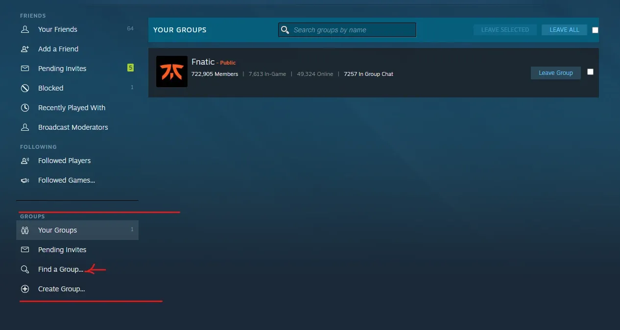 Steam Community Groups page showing Find a Group and Create Group options