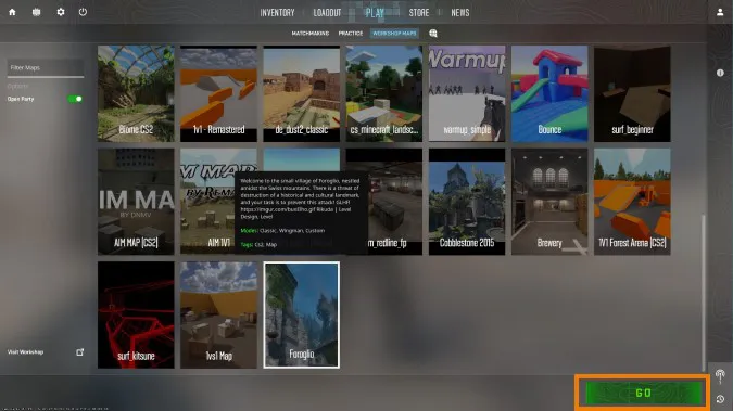 Picture from CS2 showing different maps you can download to practice from Steam Workshop
