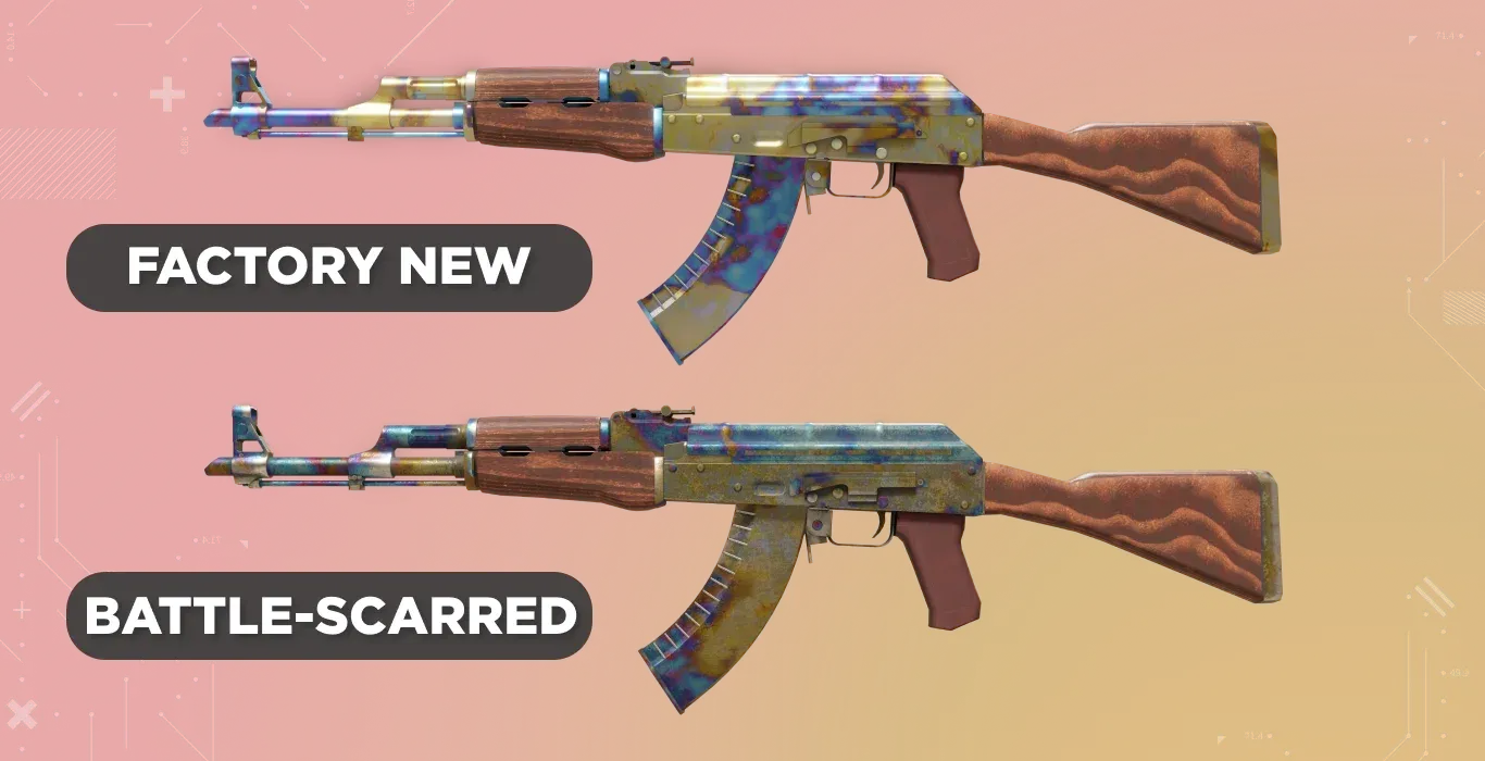 Two CS2 AK-47 | Case Hardened skins side by side in with different wear conditions: Factory New and Battle-Scarred