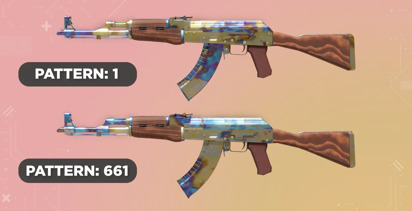 Two CS2 AK-47 | Case Hardened skins side by side in with different pattern seeds: 1 and 661
