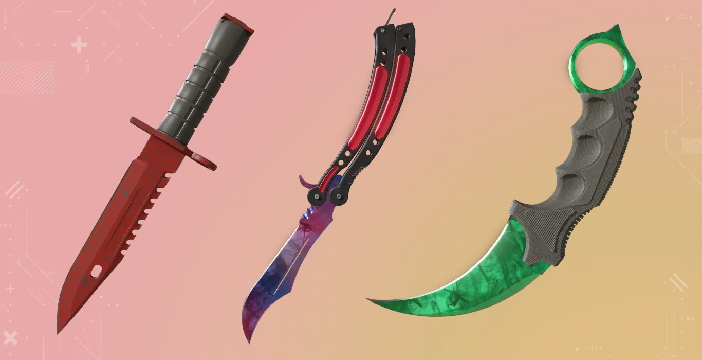 CS2 knife collection featuring an M9 Bayonet | Crimson Web, Karambit | Gamma Dopller, and a Butterfly Knife | Doppler with purple and blue finish in Phase 1 with red and yellow background