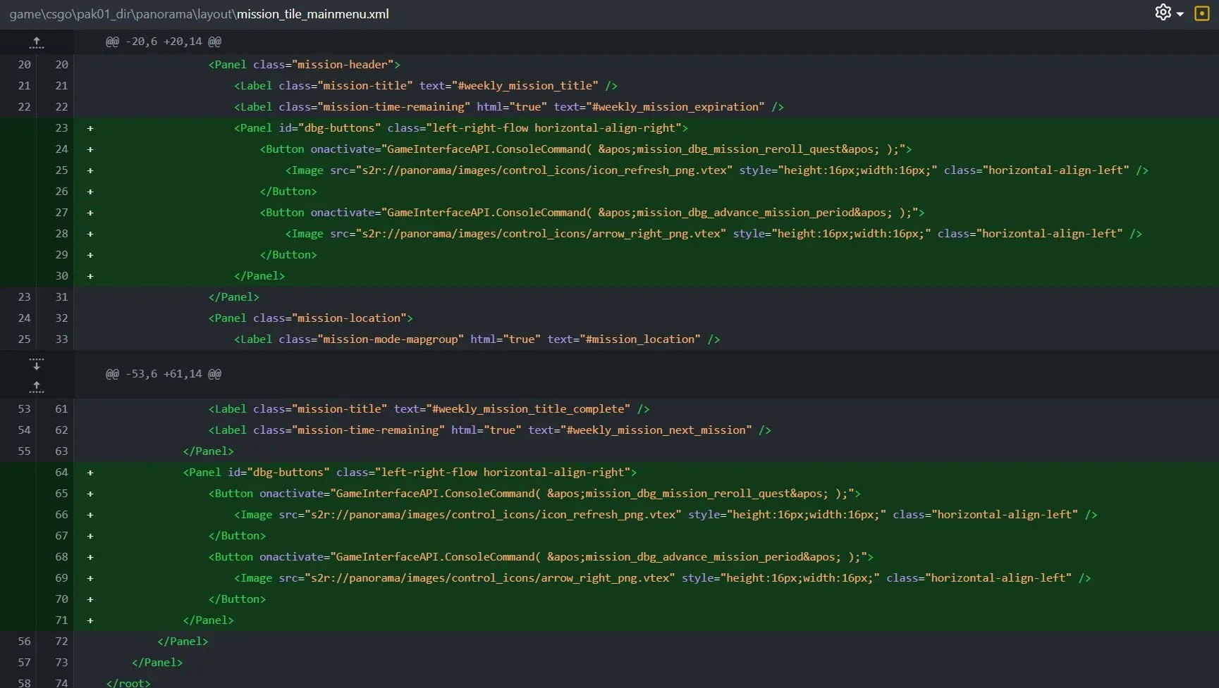 Code snippet showing leaks for "mission_reroll_quest" and debug buttons added to CS2's main menu code.   