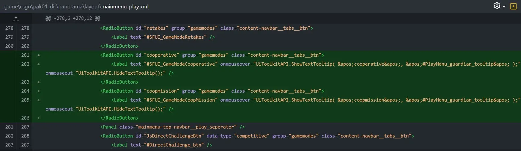 Code snippet from CS2 game files highlighting new additions for "cooperative" and "coopmission" navigation buttons.