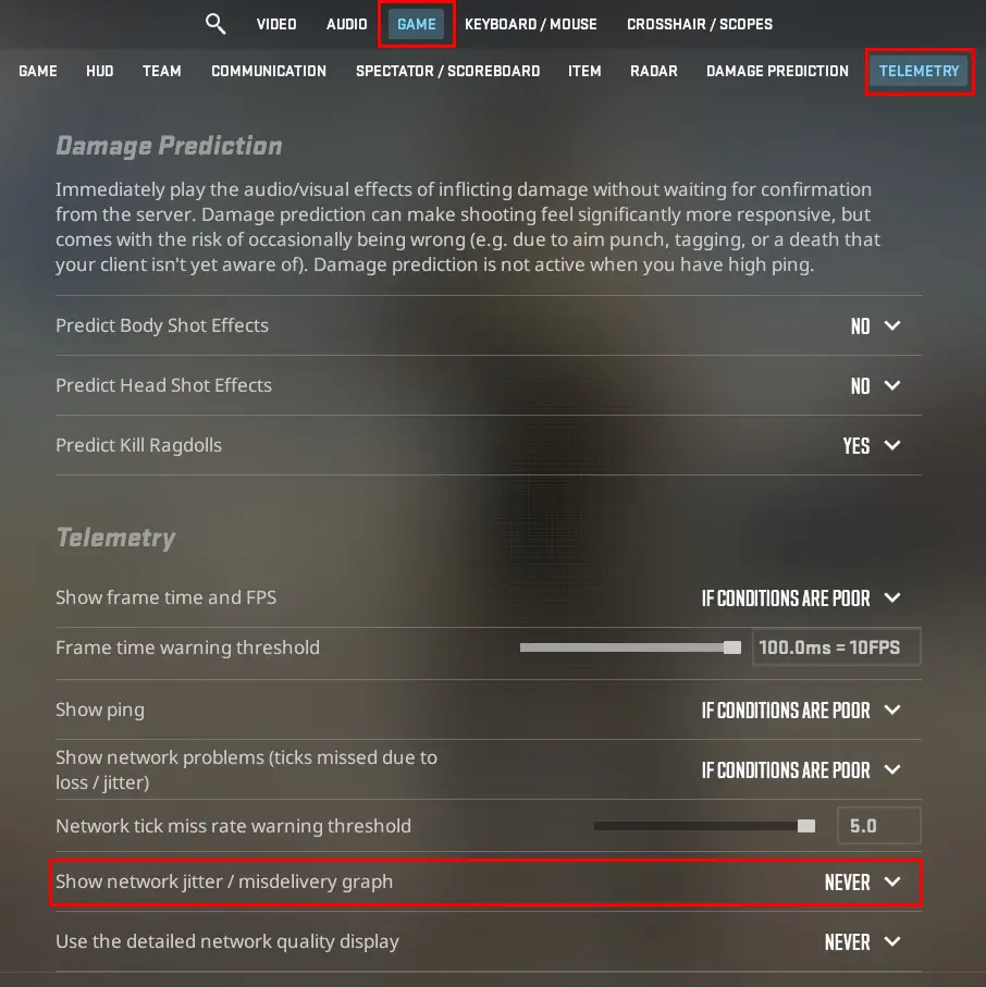 CS2 Settings screenshot showing the Game → Telemetry menu, with the “Show network jitter / misdelivery graph” setting highlighted in red and currently set to “Never.”