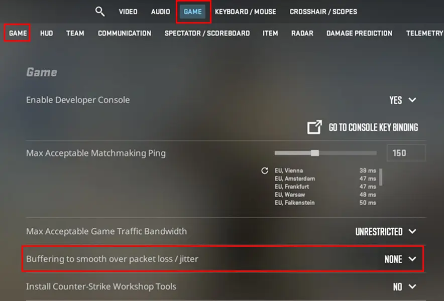 Counter-Strike 2 Settings screenshot showing the Game tab with “Buffering to smooth over packet loss / jitter” highlighted in red and currently set to “None.”