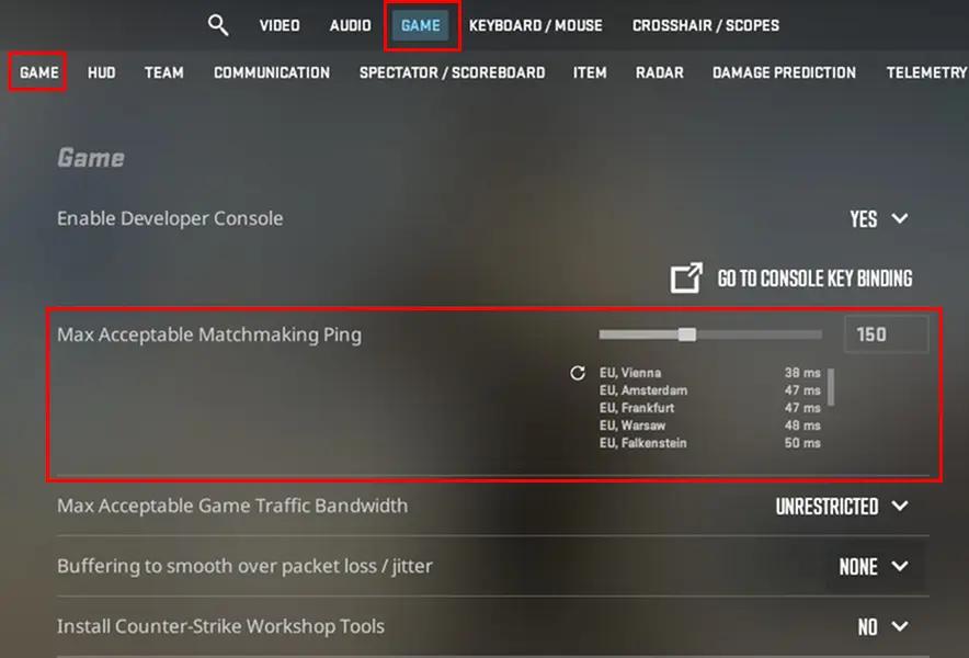 Counter-Strike 2 Settings screenshot highlighting “Max Acceptable Matchmaking Ping,” set to 150, in the Game tab.