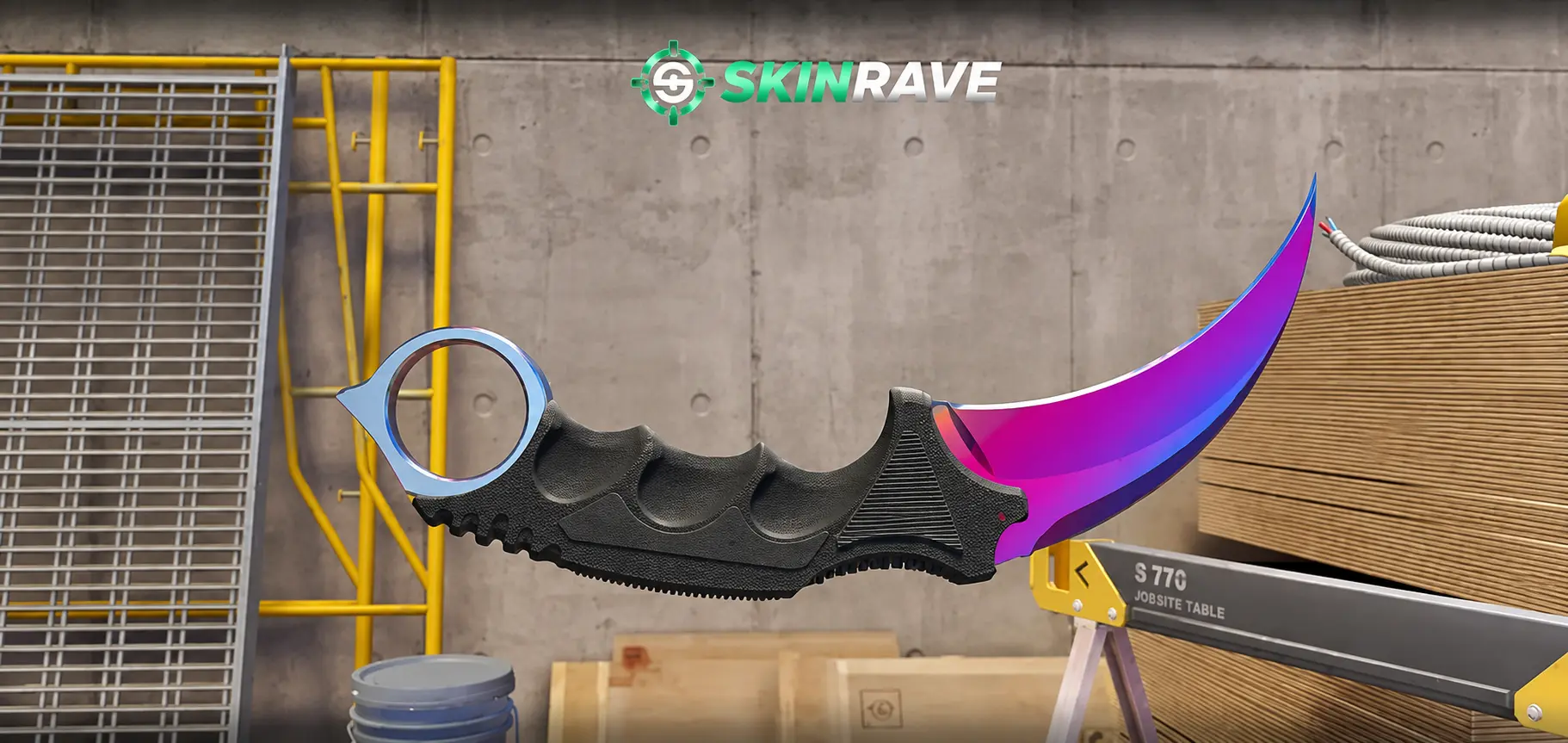A curved CS2 Karambit Fade with a black grip and a gradient purple-to-blue blade, set against a concrete wall and construction site background on CS2 map Vertigo.