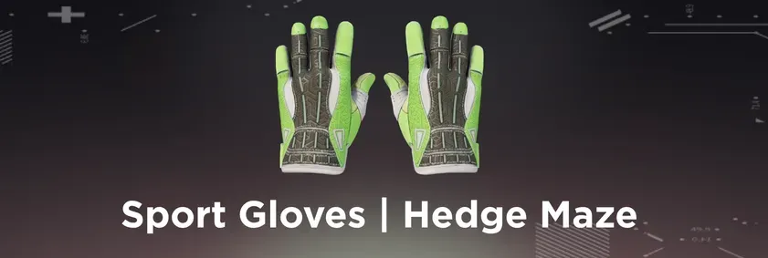 A pair of green, white, and dark grey sport gloves, labeled "Sport Gloves | Hedge Maze".