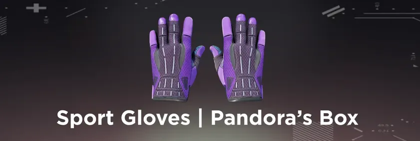 A pair of purple and black sport gloves with blue accents, labeled "Sport Gloves | Pandora's Box".