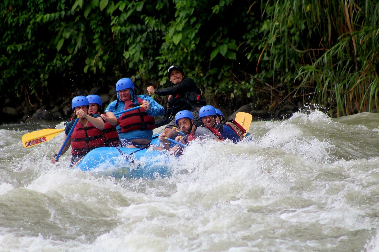All paddles digging in as the raft punches through another rapid — teamwork, timing, and a lot of spray.