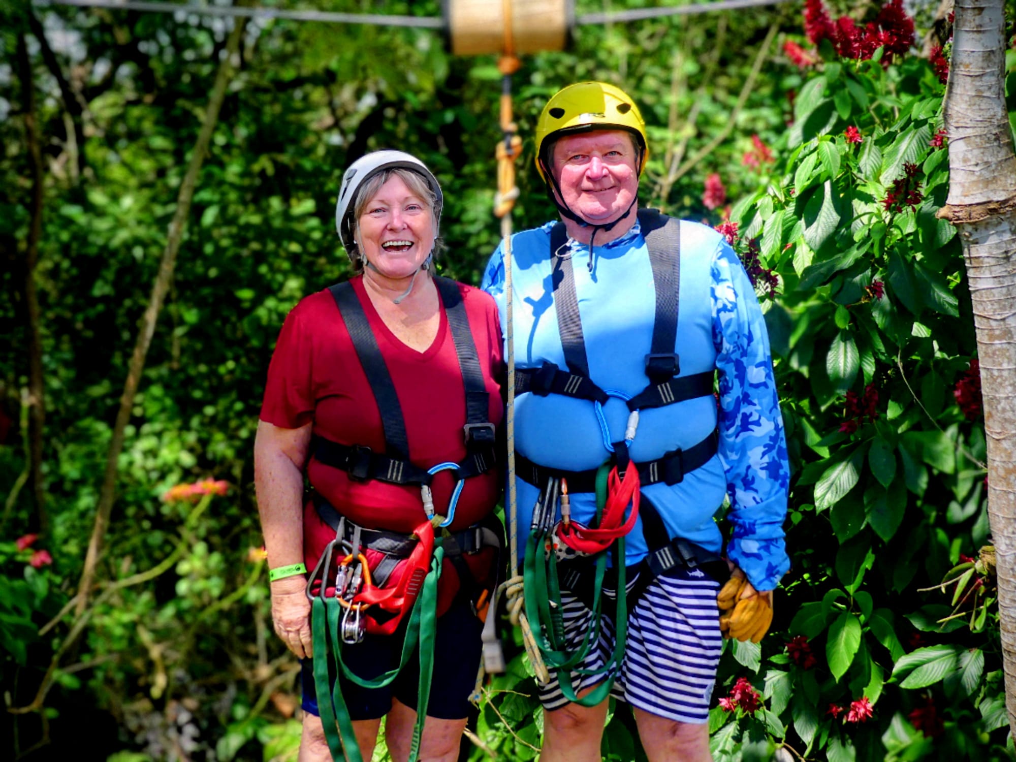 All geared up and smiling — ready for canyon ziplining in Guanacaste.
