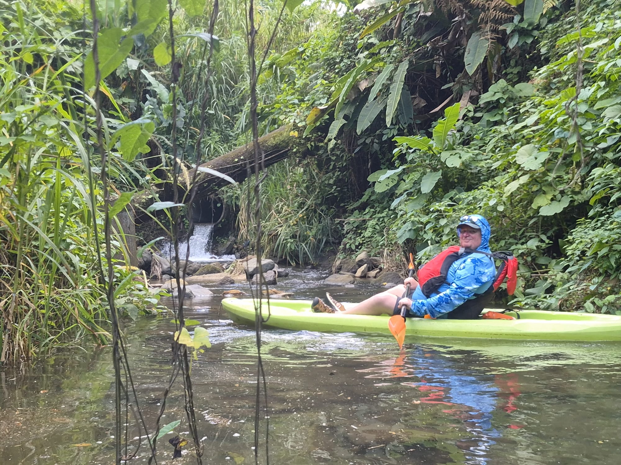 Kayaking along a quiet inlet of Lake Arenal — still water, dense rainforest edges, and a slower, more intimate side of the lake.