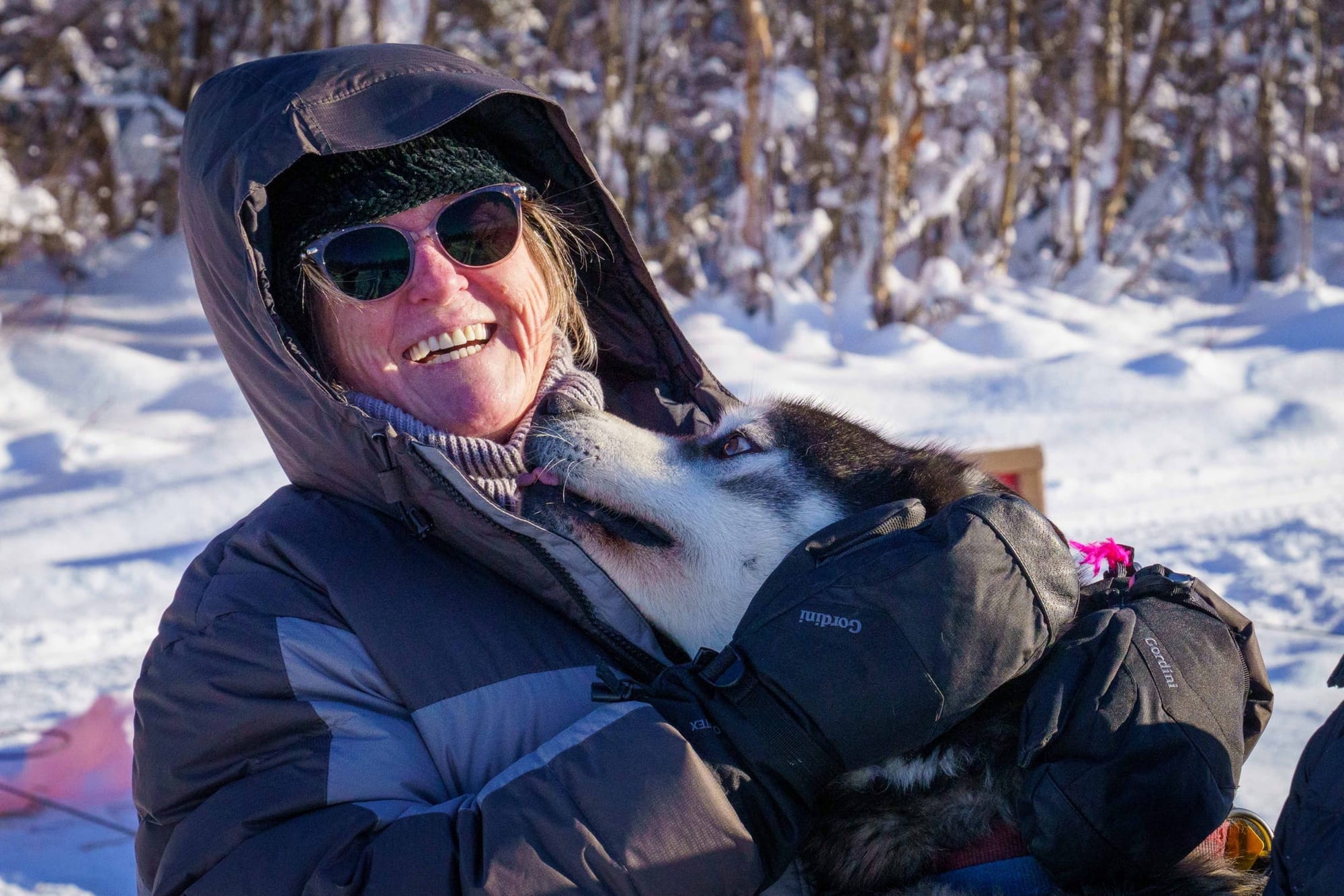 Colleen getting a well-earned moment with one of the huskies who pulled our sled — powerful athletes on the trail, affectionate personalities at rest.