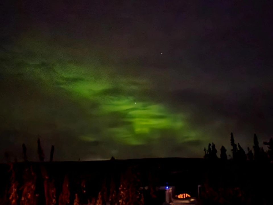 A soft green aurora unfurling across the Interior Alaska sky — more subtle to the naked eye than the camera reveals, but quietly alive above the dark horizon.