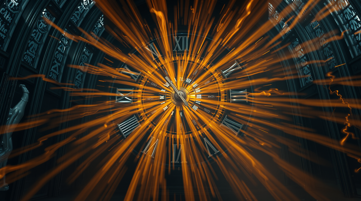 Futuristic trading floor with chronometric displays and glowing temporal currency streams
