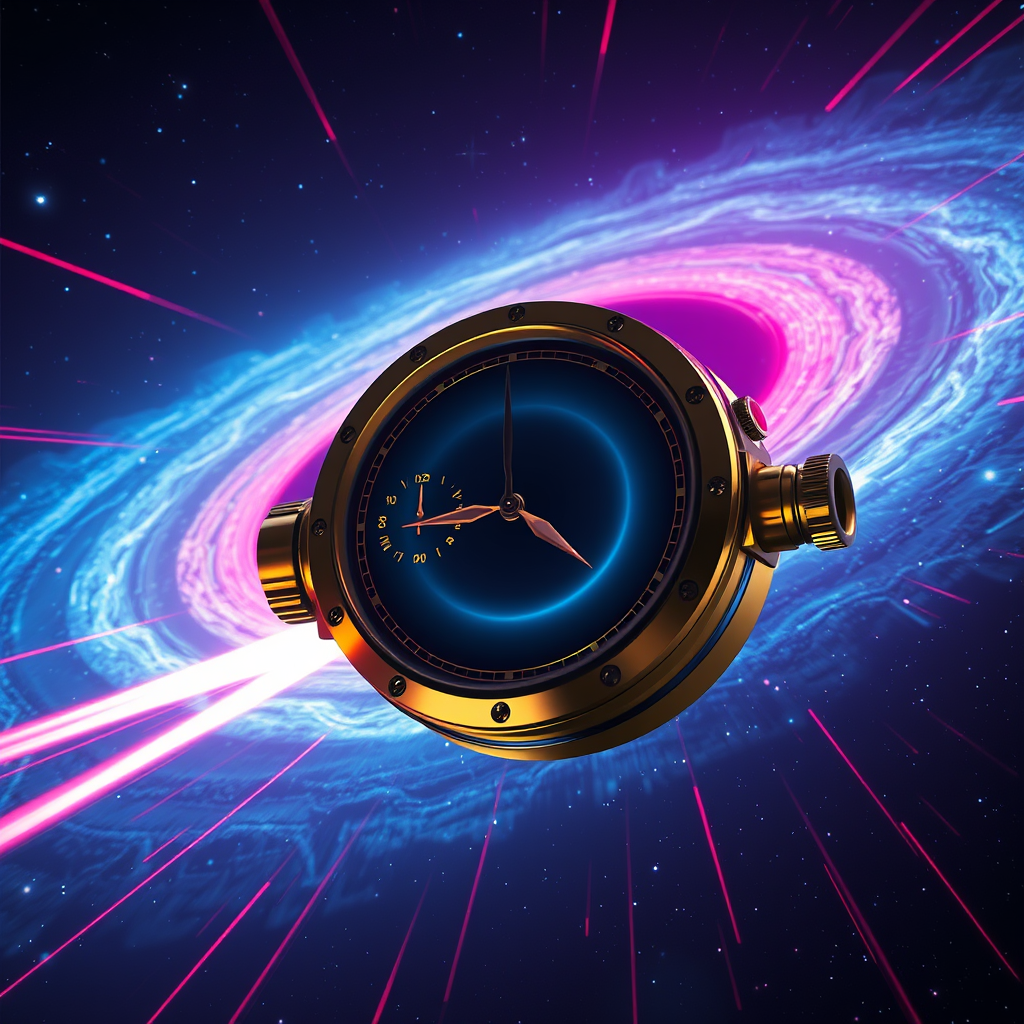 Frame dragging spacetime distortion visualization with chronometer space — hard sci-fi aesthetic