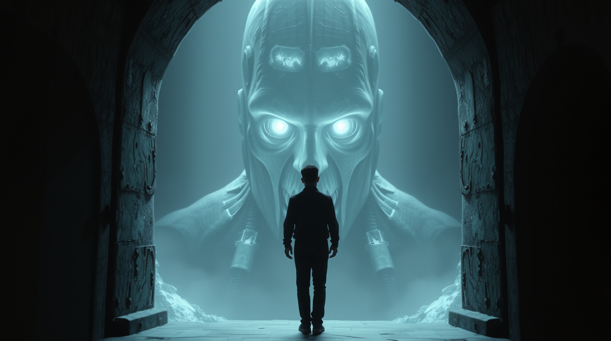 Dimly lit extraction bunker with cryogenic conduits — psychological sci-fi horror