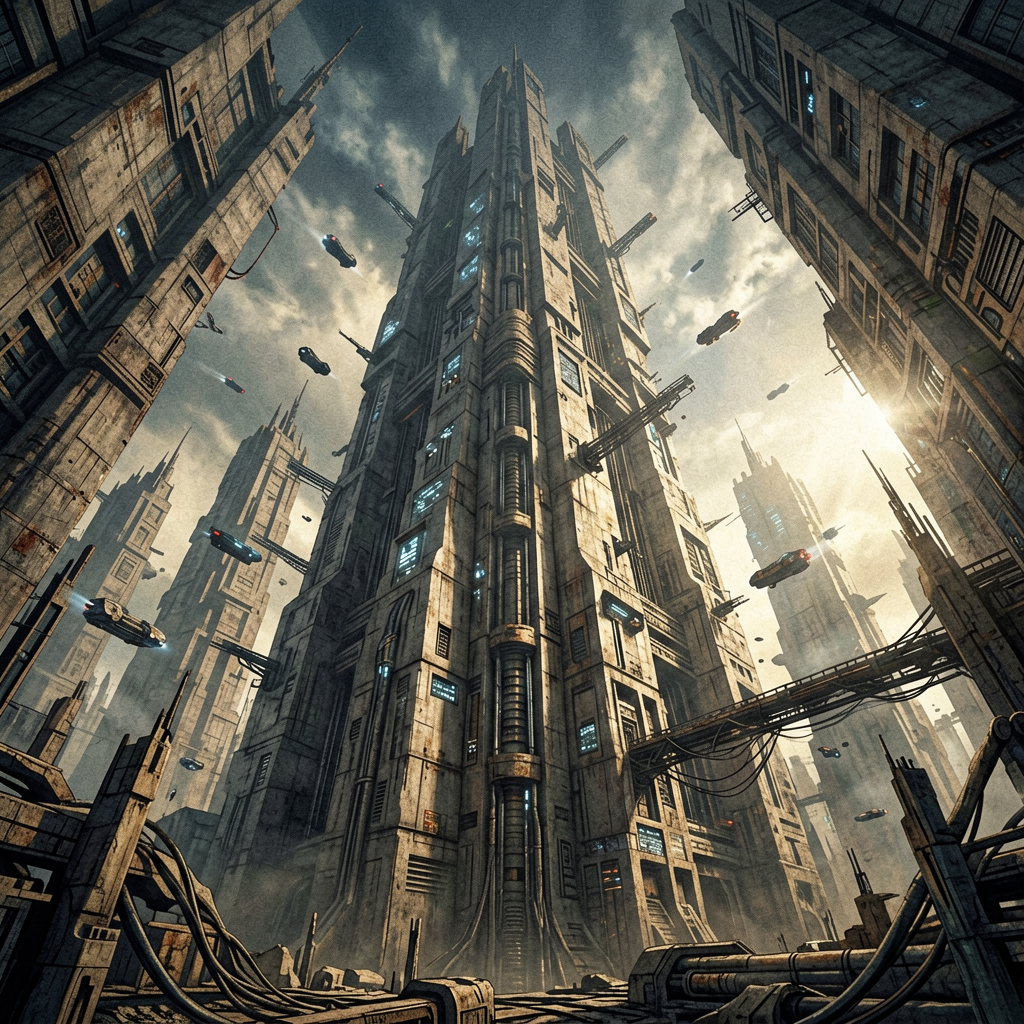 ARK-7 satellite fragmenting across a digital void, abstract sci-fi visualization