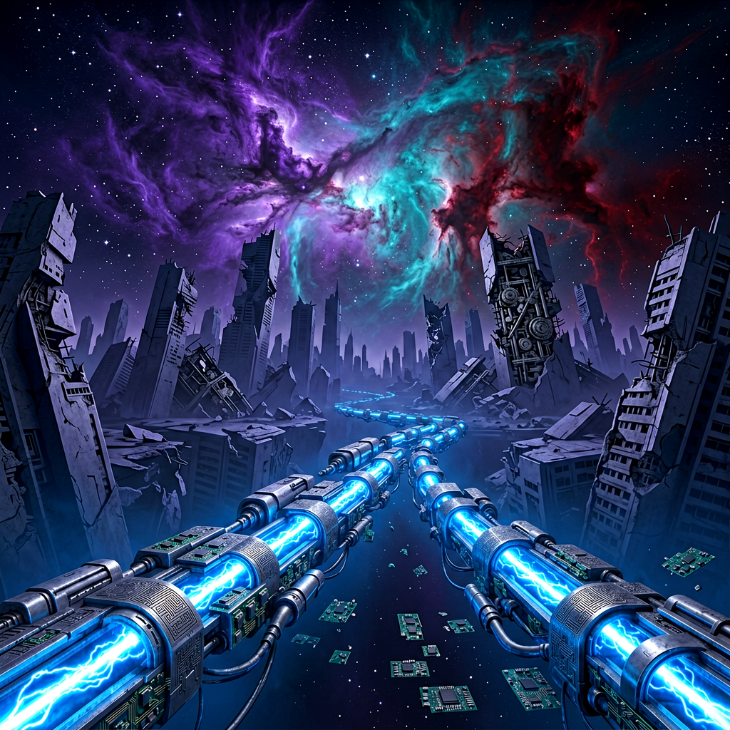 Nonlinear lore books — fragmented timelines concept art for The Stolen Stream universe