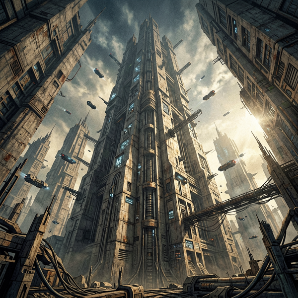 ARK-7 satellite fragmenting across a digital void, abstract sci-fi visualization