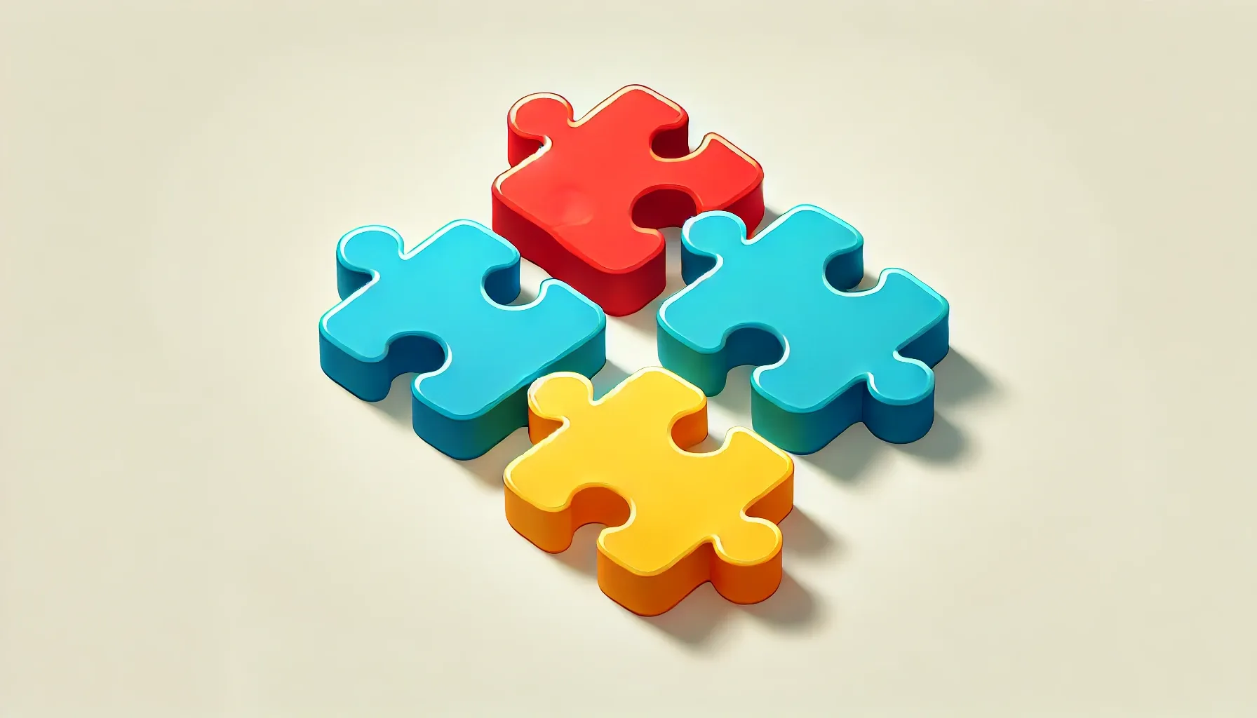 Four unconnected cartoony puzzle pieces lying on an off-white surface in a square form.