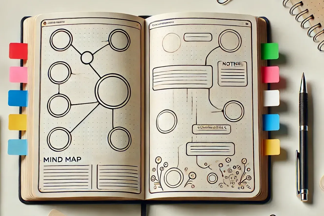An open notebook with bookmarks along the sides marking bookmarked pages. The open page has diagrams and circles drawn in it, and there is a pen on the side.