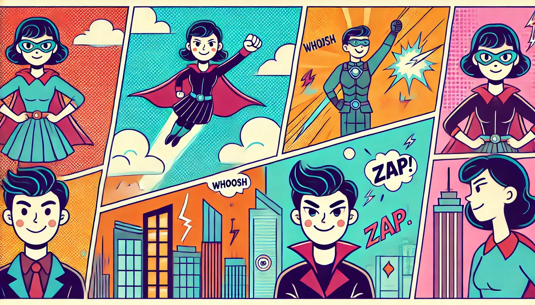 A classic comic book page with different panels featuring superheroes and words like “Zap!” and “WHOOSH”.