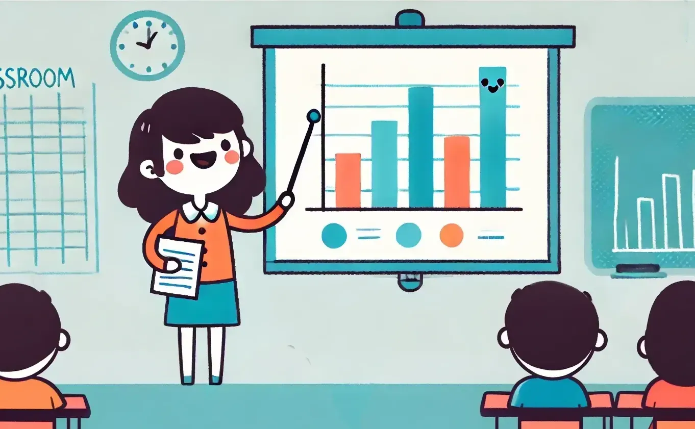 A teacher pointing at a board showing a graph or presentation. There are children sitting at their desks in the front watching the presentation.