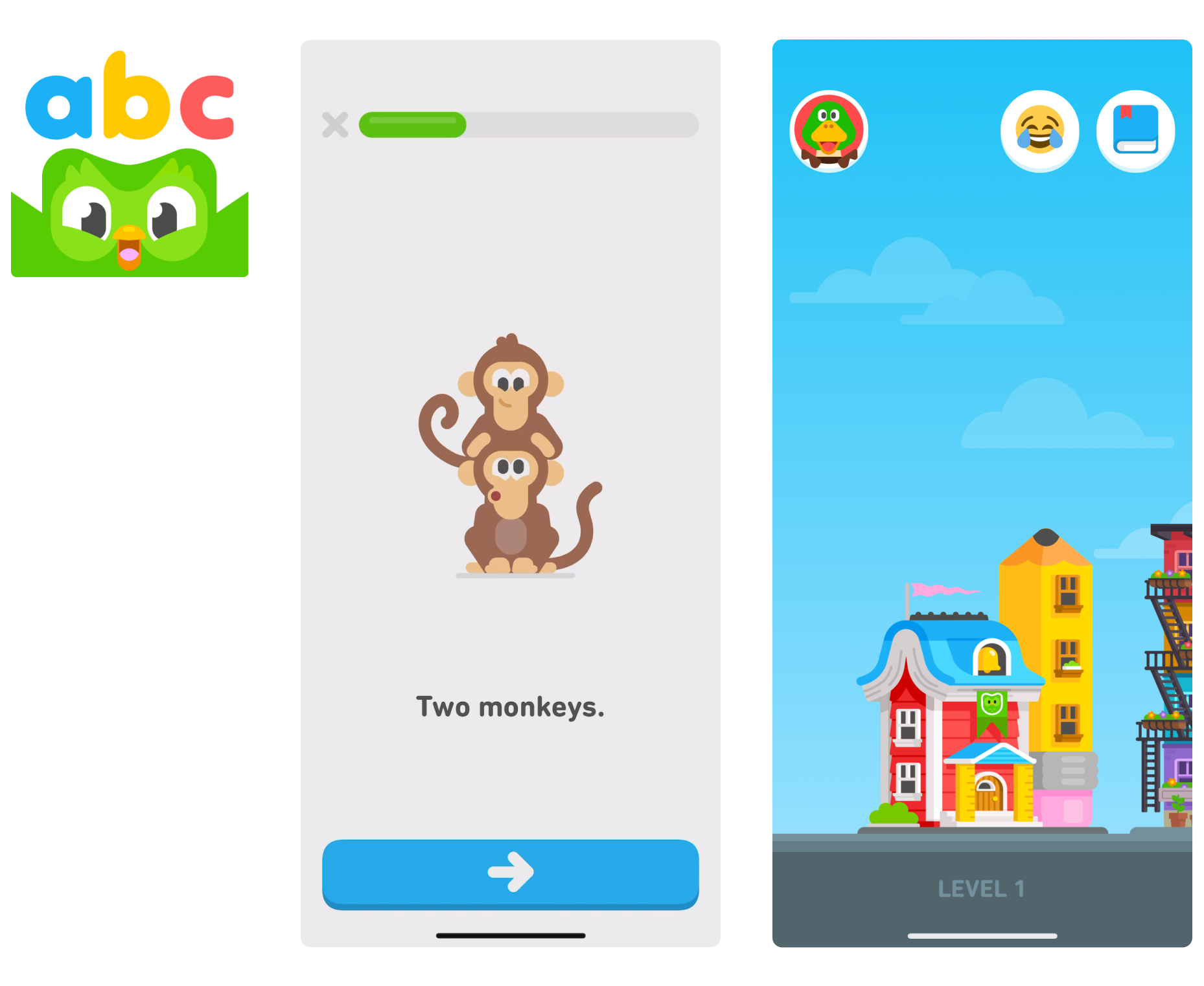 A three-panel image showing the Duolingo ABC app: the logo with the green owl and “abc” above it, the activity interface, and menu option for levels.