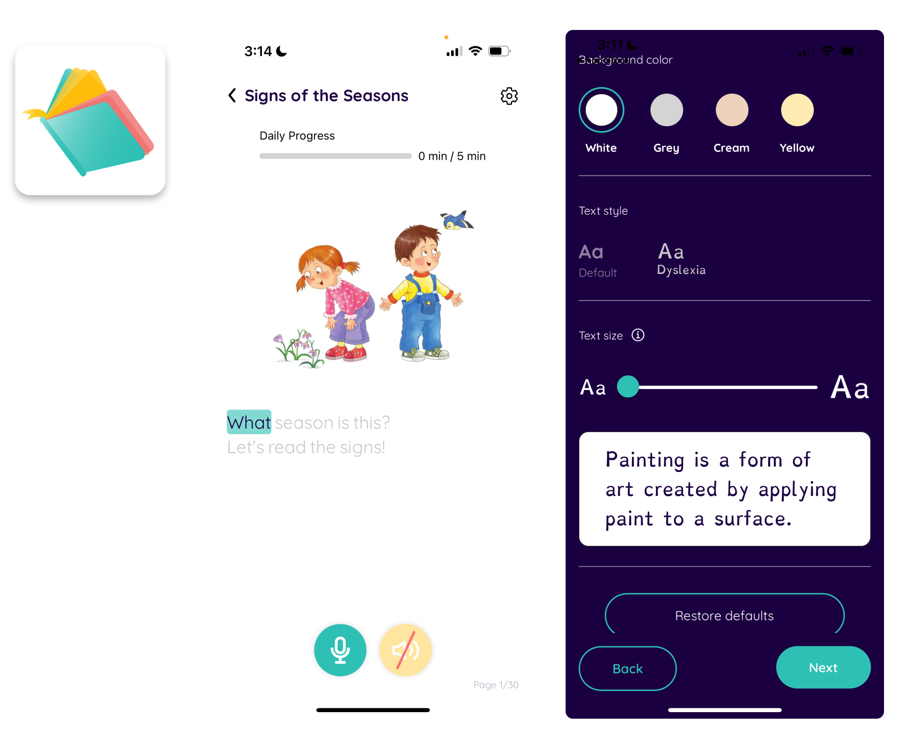 A three-panel image showing the Readability app: the logo with an open book, the reading interface, and settings panel with text size options.