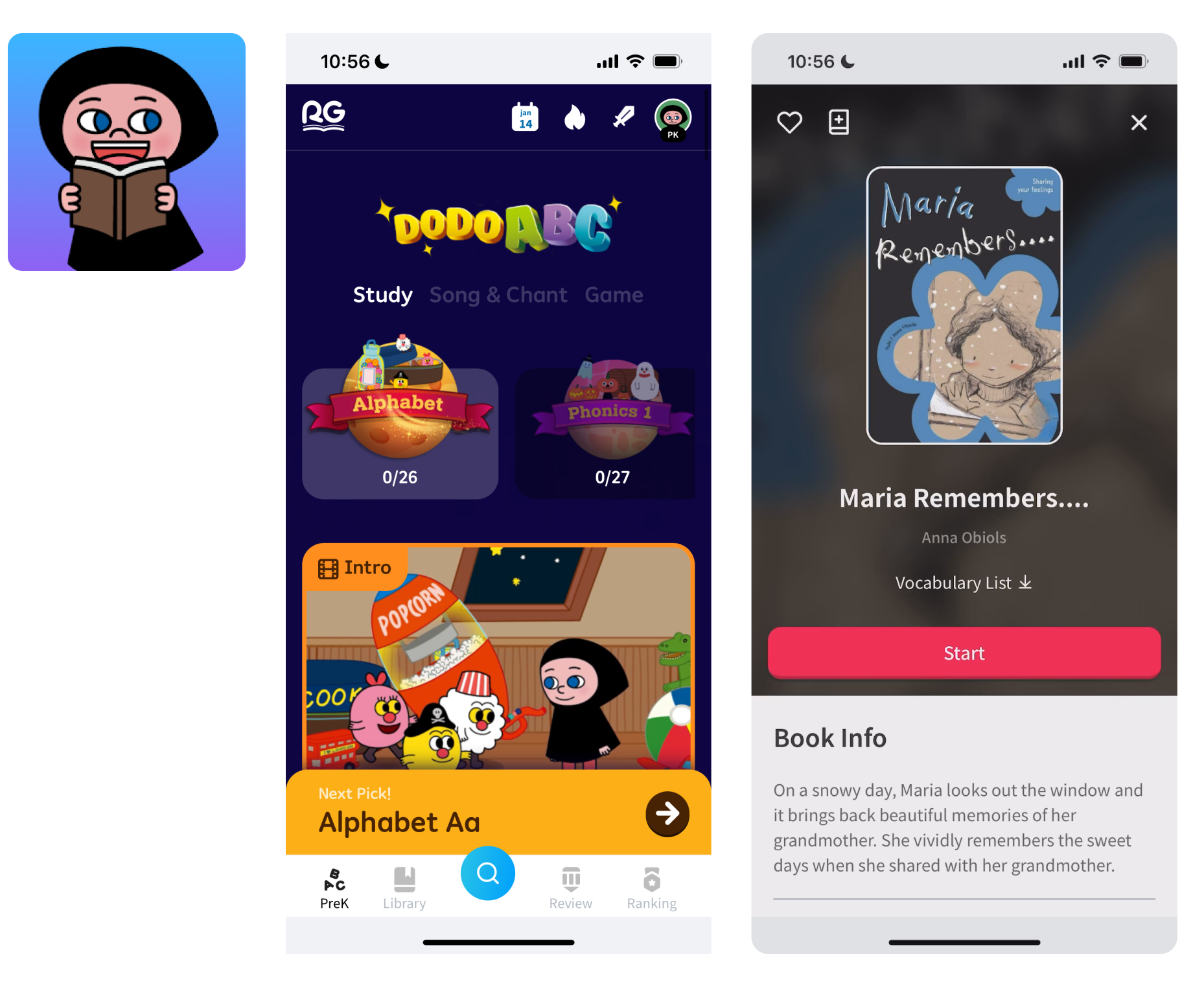 A three-panel image showing the Reading Gate app: The logo with a smiling person holding an open book, the menu interface, and a book’s info.