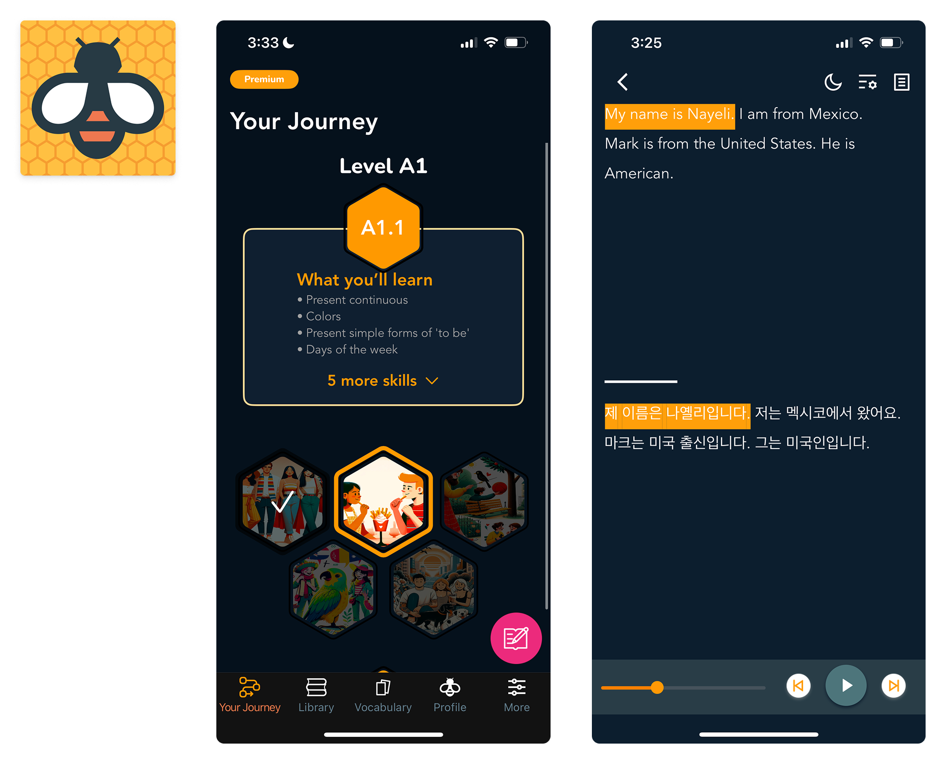 A three-panel image showing the Beelingua app: The logo of a bee, the level UI screen, and the reading interface with translations.