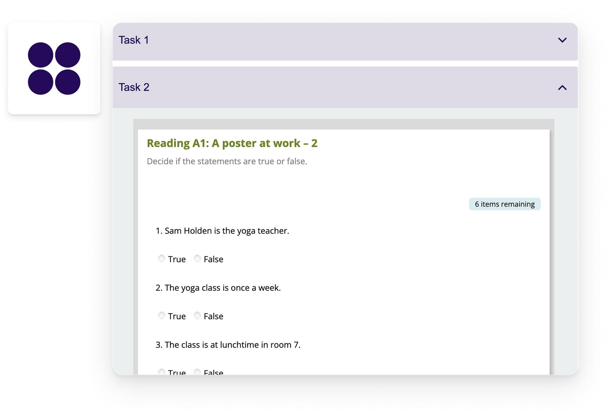 A two-panel image of the British Council site: Their logo on the left, and a screenshot of the British Council page with their True and False tasks for reading comprehension.