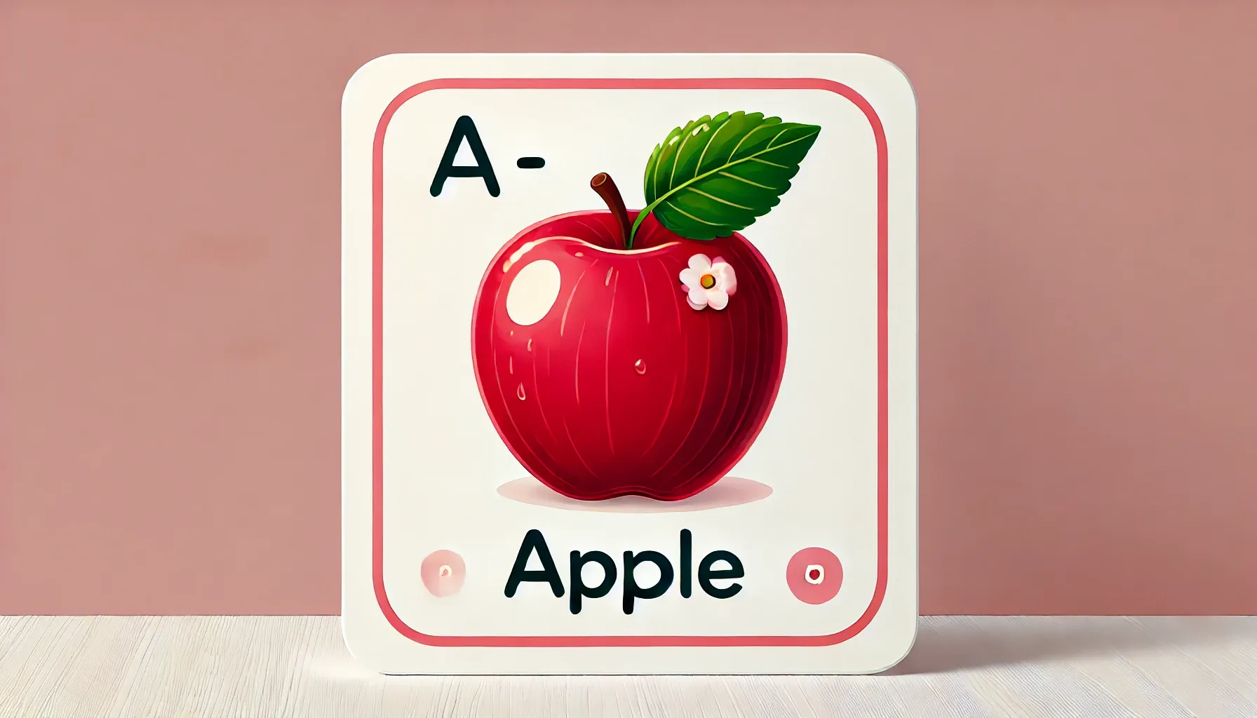  그림이 있는 플래시카드. 카드 왼쪽 상단에는 “A”가 적혀 있고, 사과 아래에는 “Apple”이라는 단어가 있음.
