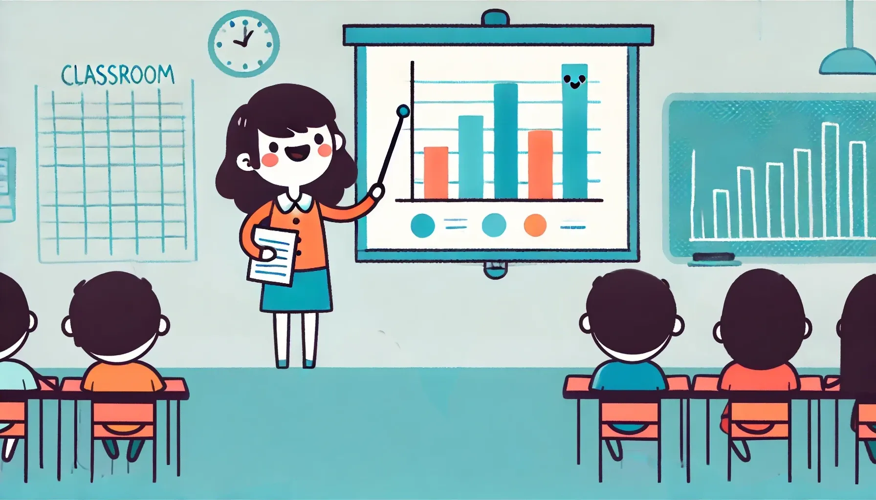 그래프나 프레젠테이션이 표시된 칠판을 가리키는 교사. 앞쪽 책상에 앉은 아이들이 발표를 지켜보고 있음.