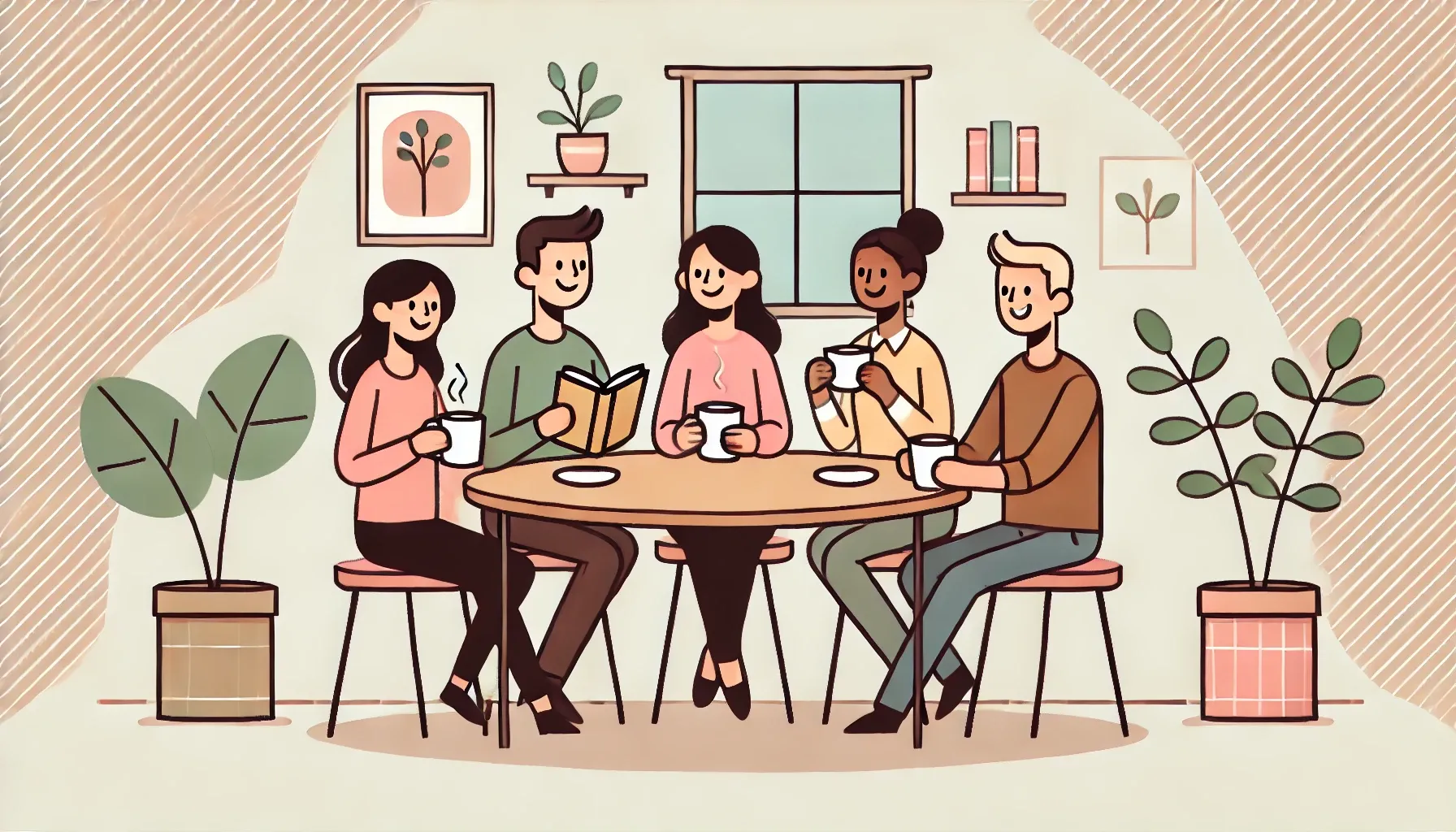 A group of people sitting around a table in a cafe decorated with plants. One of the people is reading a book, and four others are drinking coffee. 